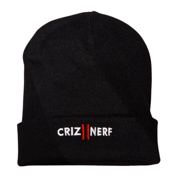 Bonnet noir à revers avec logo Criz2nerf brodé blanc et rouge