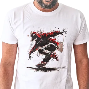 T-shirt blanc Criz2nerf « Break » avec un breakeur en mouvement et des taches rouges et noires, porté de face – autre vue