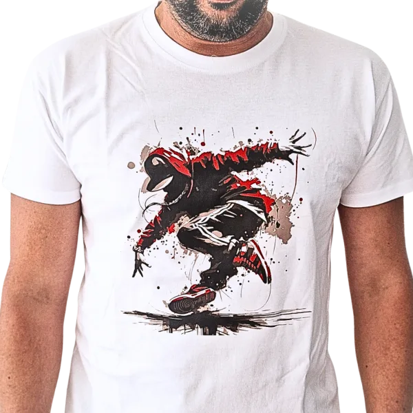 T-shirt blanc Criz2nerf « Break » avec un breakeur en mouvement et des taches rouges et noires, porté de face – autre vue