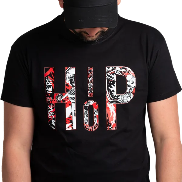 T-shirt noir Criz2nerf « HIP HOP » en lettres graffiti, collaboration Dumpstaz, porté de face