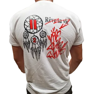 T-shirt blanc Criz2nerf « Rêve » avec attrape-rêves et inscription Rêve ta vie de Julien BRD, vu de dos – autre vue