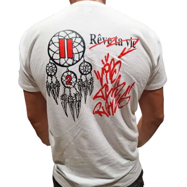 T-shirt blanc Criz2nerf « Rêve » avec attrape-rêves et inscription Rêve ta vie de Julien BRD, vu de dos – autre vue