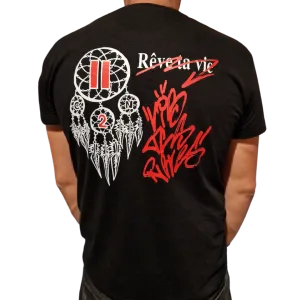 T-shirt noir Criz2nerf « Rêve » avec attrape-rêves et inscription Rêve ta vie de Julien BRD, vu de dos – autre vue