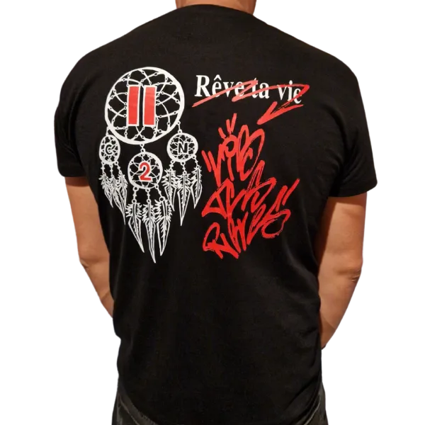 T-shirt noir Criz2nerf « Rêve » avec attrape-rêves et inscription Rêve ta vie de Julien BRD, vu de dos – autre vue