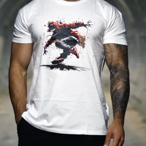 T-shirt blanc Criz2nerf « Break » avec un breakeur en mouvement et des taches rouges et noires, porté de face