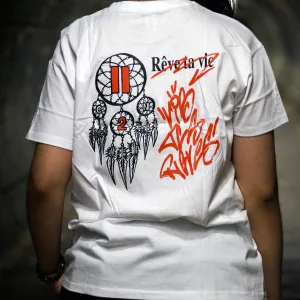 T-shirt blanc Criz2nerf « Rêve » avec attrape-rêves et inscription Rêve ta vie de Julien BRD, vu de dos